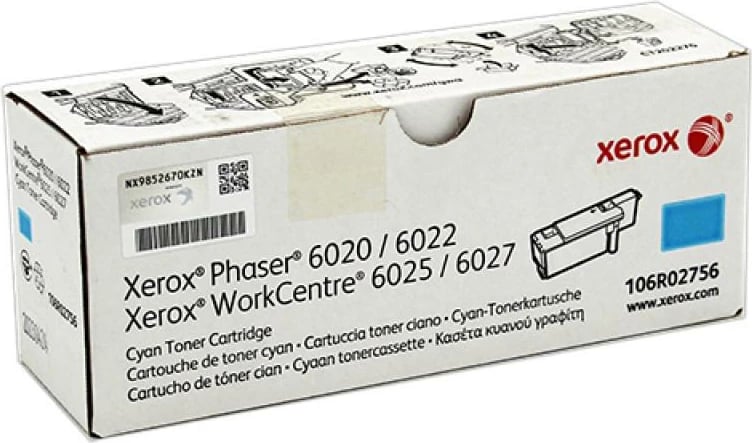 Toner Xerox 106R02756 kapacitet standard 1000 faqe për Phaser 6020/6022, WorkCentre 6025/6027, cyan