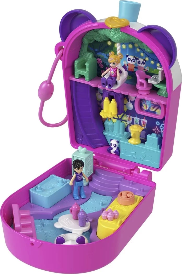 Set lodrash Polly Pocket Bubble Tea Panda Compact me 2 kukulla të vogla dhe panda, shumëngjyrësh