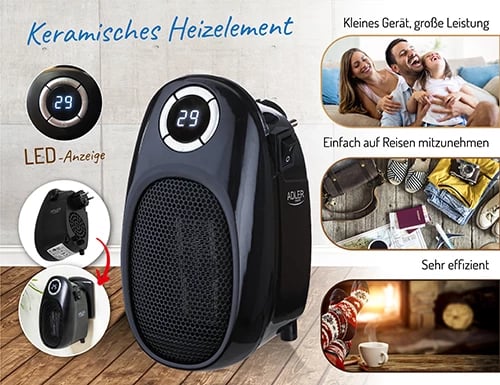 Ngrohës portativ, Adler, AD 7726 Thermofan Easy Heater, 1500W, timer 1-12h, kontroll temperature 15-35°C, element qeramik, i zi