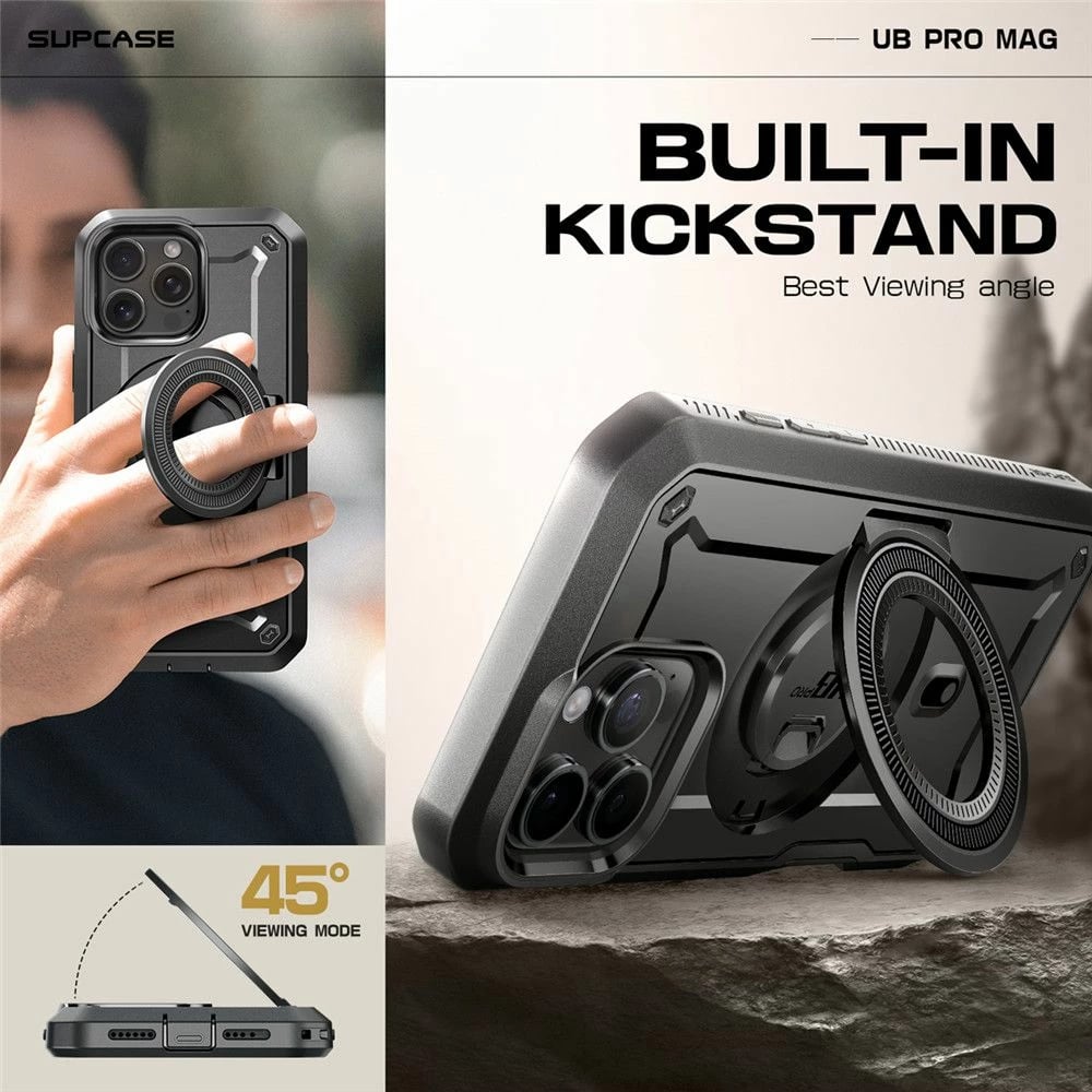 Mbështjellës Supcase Unicorn Beetle Pro Mag për iPhone 16 Pro Max/16 Plus, MagSafe, i zi, me klip rripi