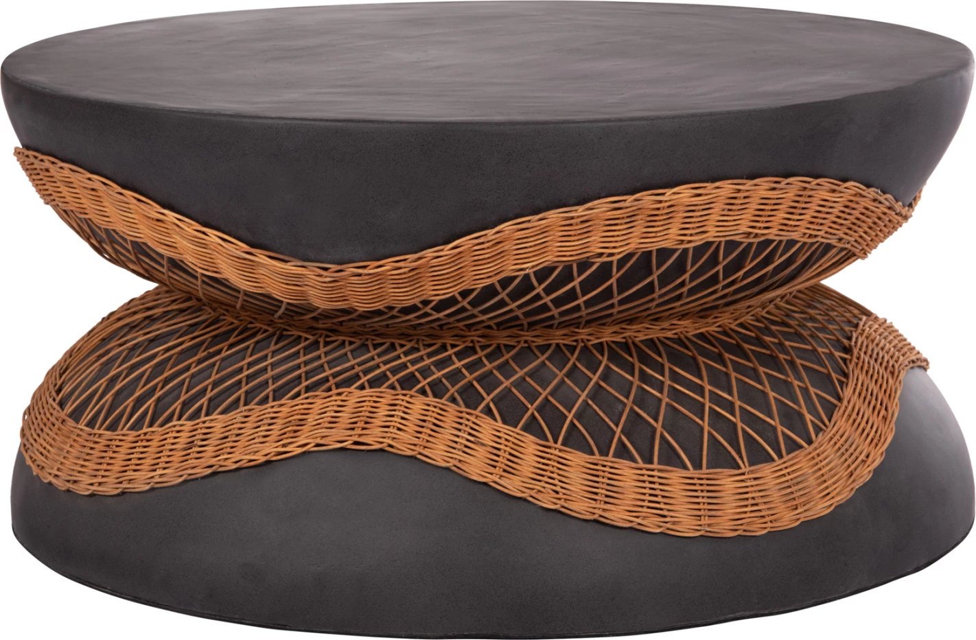 Tavolinë e ulët rrumbullake ANNA, fibër-cement, e zezë, ratan natyral, FH18157.01, 92x44.5cm