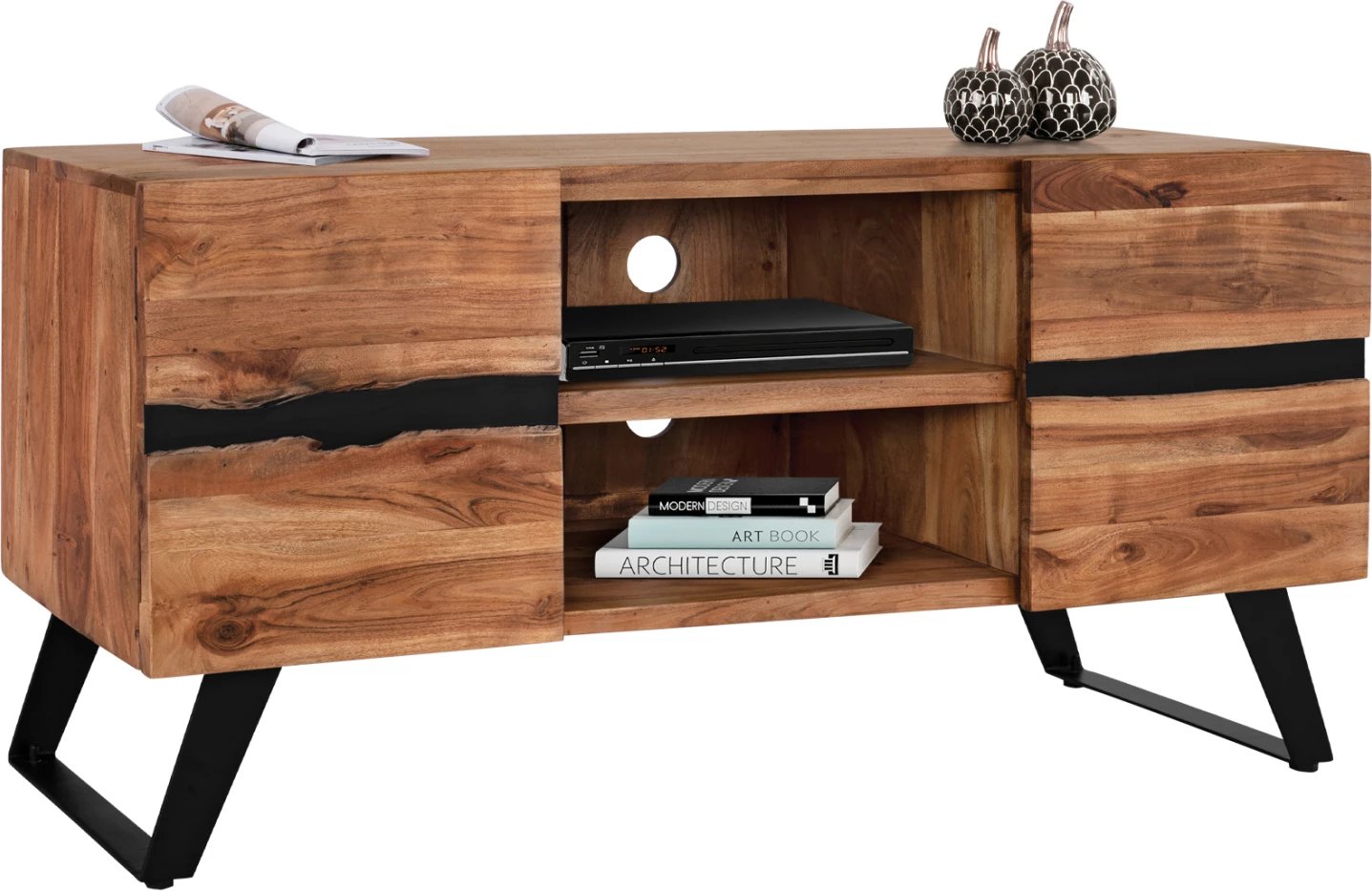 Komodë TV Alicia, dru akacie masiv, ngjyrë natyrale, këmbë metalike të zeza, 130x43x66 cm