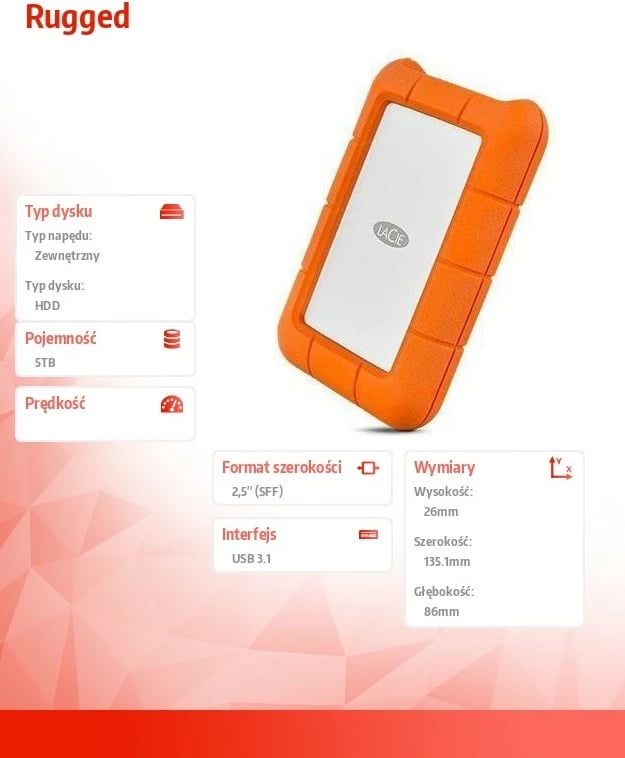 Kasë e jashtme LaCie Rugged 5TB, 2.5", USB Type-C, Portokalli/Gri