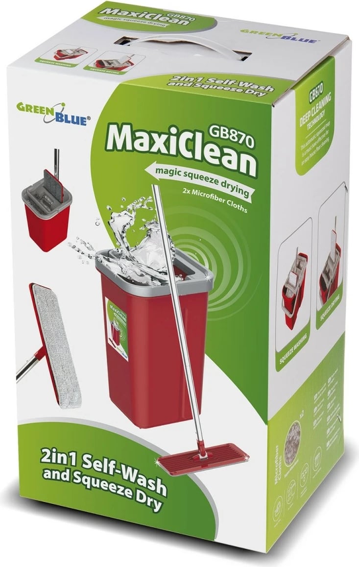 Set pastrimi GreenBlue MaxiClean GB870 me mop të sheshtë, kovë dhe 2 shtresa mikrofibre, Kuqe
