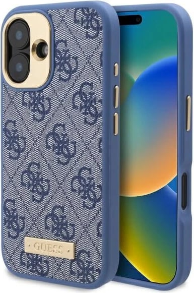 Mbështjellës Guess 4G Logo Plate MagSafe për iPhone 16 Plus, Blu