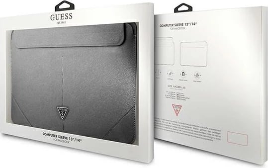 Mbështjellës laptopi Guess Saffiano Triangle Logo, 14", argjendtë