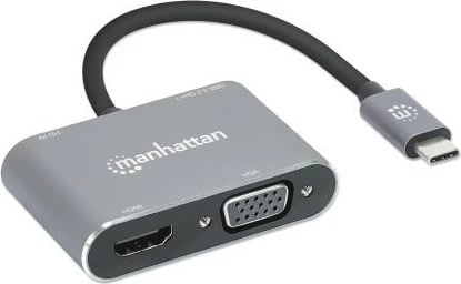 Adapter MANHATTAN USB-C në HDMI & VGA 4in1, Power Delivery, gri