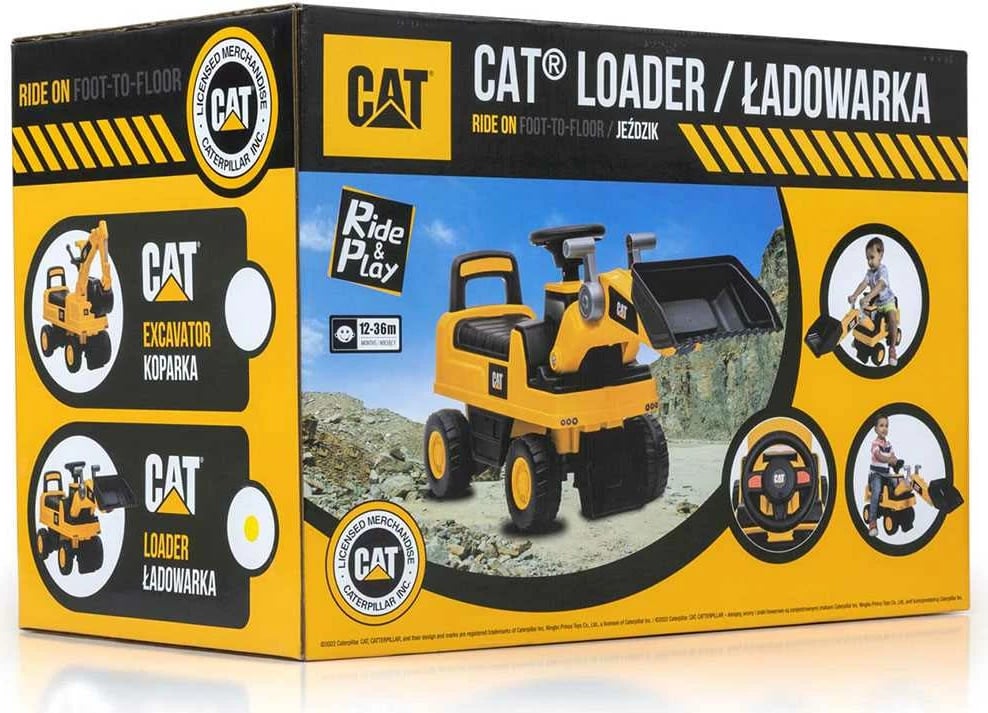 mjet ride-on ngarkues, Milly Mally CAT, timon me zë borie, dy blloqe kundër përmbysjes, magazinim nën ulëse, 12–36 muaj, deri 25 kg, e verdhë