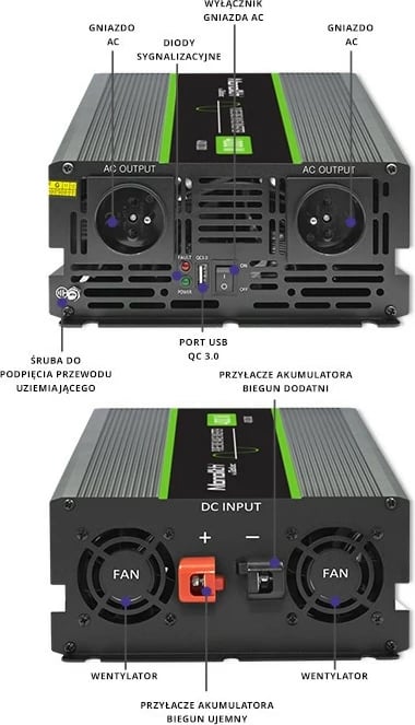 Konvertues voltazhi Qoltec Monolith 51935, 2000W/4000W, 12V në 230V, Pure Sine Wave, Grafit