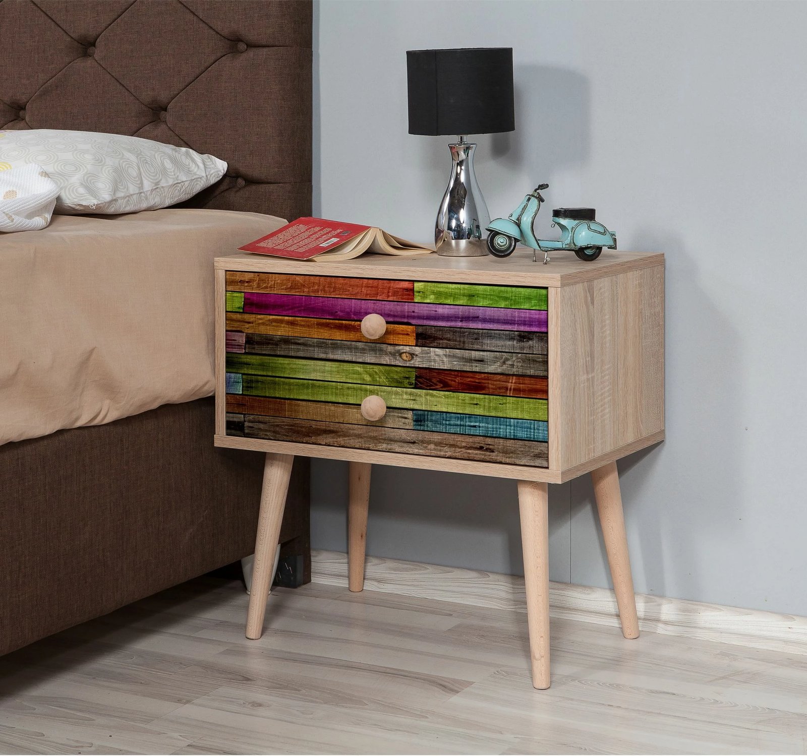 Komodinë natës Hanah Home, dy sirtarë, 726, ngjyrë lisi Sonoma