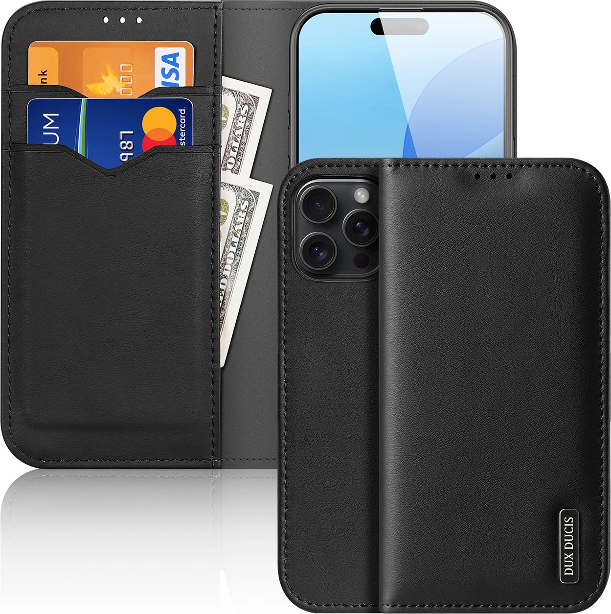 Mbështjellës Dux Ducis Hivo për iPhone 16 Pro, lëkurë, me kapak, RFID, i zi