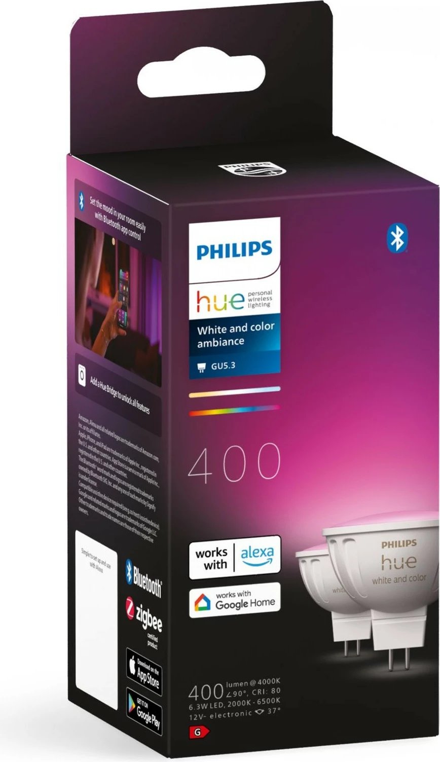 Llambë smart Philips Hue MR16, LED, GU5.3, Bluetooth/Zigbee, e bardhë, ngjyra