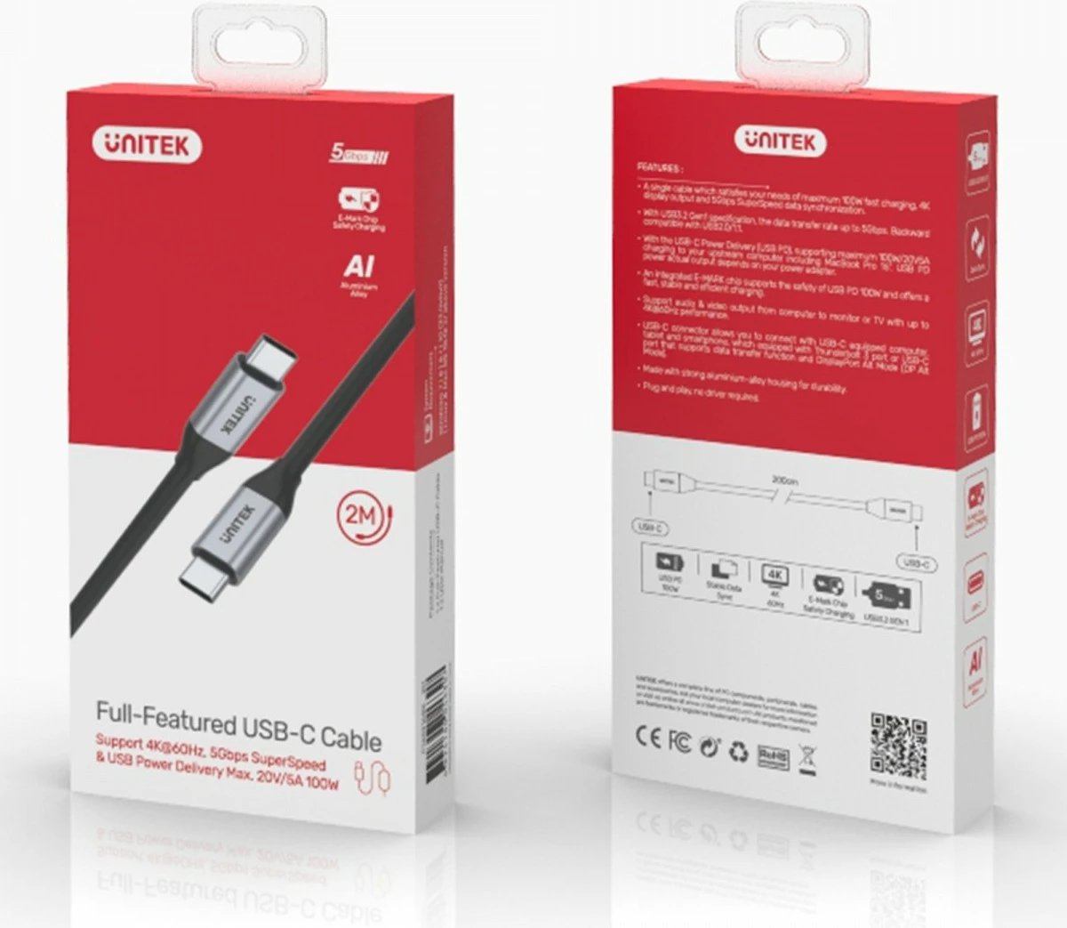 Kabllo USB-C në USB-C, Unitek C14091ABK, PD 100W 5Gbps 4K60Hz 2m, e zezë/gri Kabllo USB-C në USB-C, Unitek C14091ABK, PD 100W 5Gbps 4K60Hz 2m, e zezë/gri