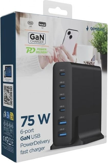 Karikues universal Gembird TA-UC-2A4C-PD75-01-BK, 75W, 6 porta USB, i zi