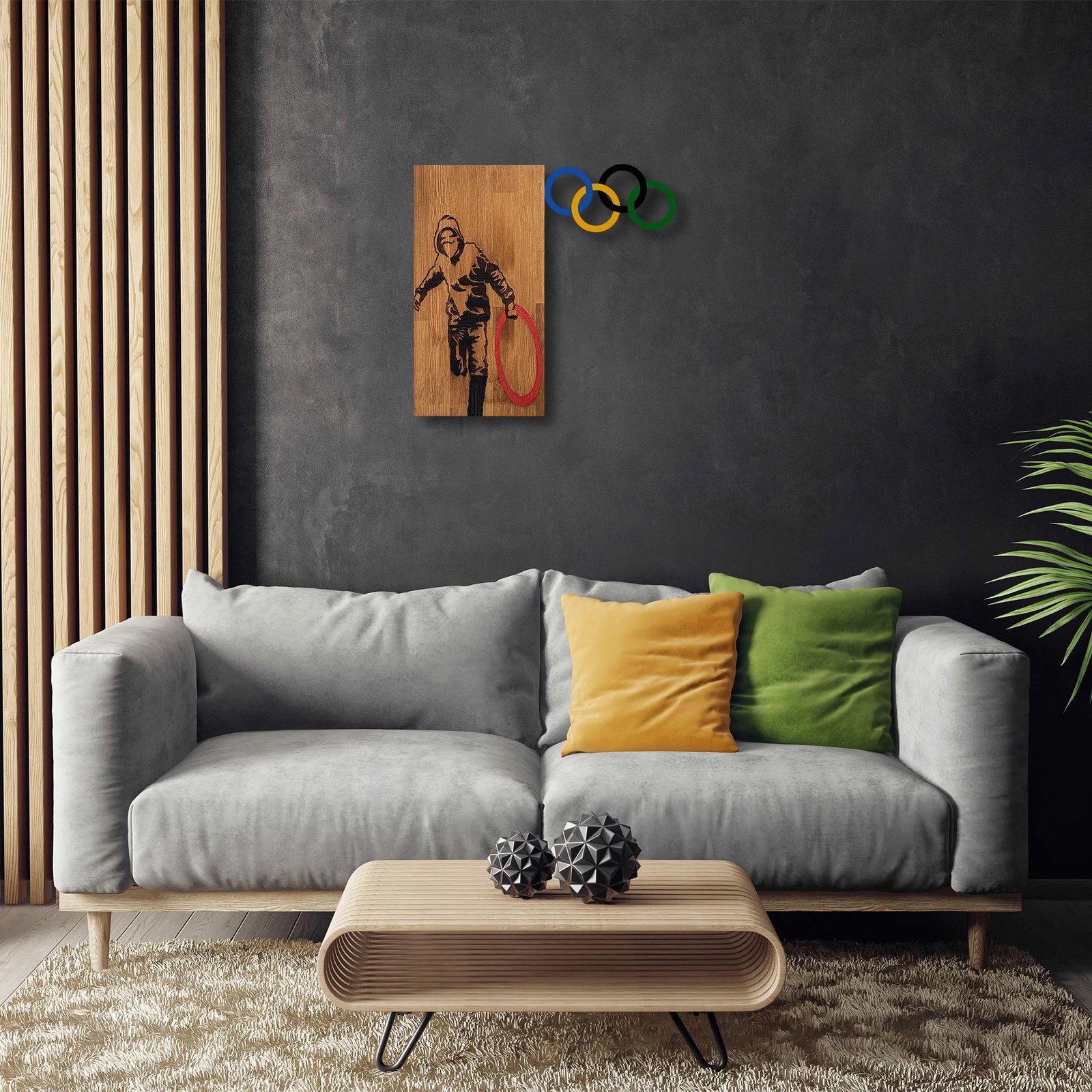 Aksesor dekorativ prej druri për mur, Wallity Banksy - 14, ngjyrë arre, e zezë