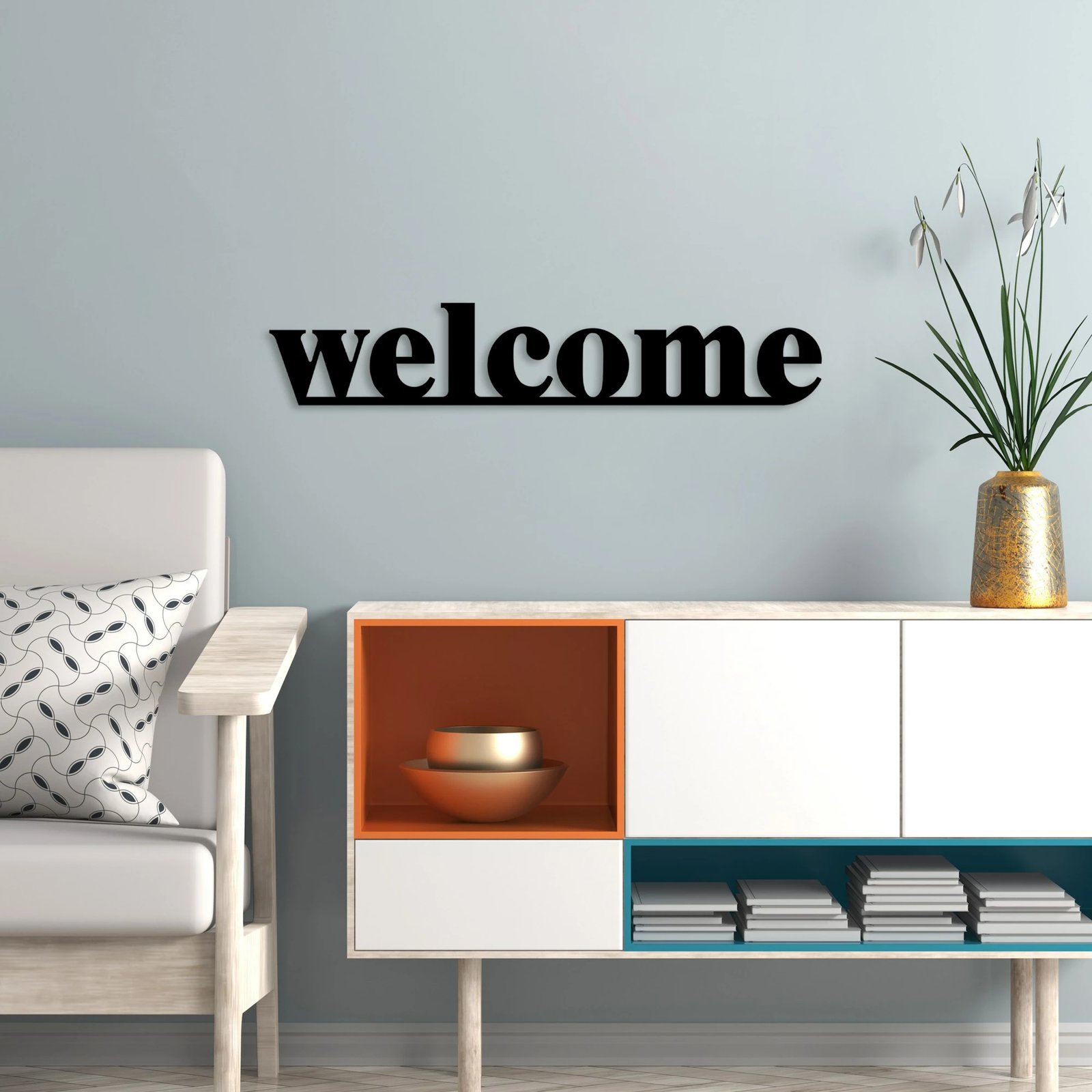 Aksesor dekorativ metalik për mur, Wallity, welcome, ngjyrë e zezë, 70x13cm