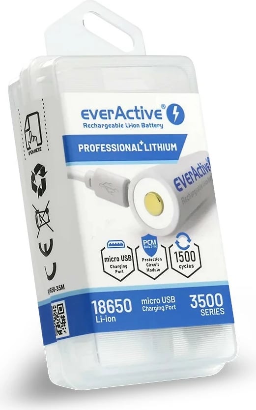 Bateri rikarikueshme everActive FWEV1865035MBOX 18650 Li-ion 3500 mAh 3.7V me micro USB 1 copë Bateri rikarikueshme everActive FWEV1865035MBOX 18650 Li-ion 3500 mAh 3.7V me micro USB 1 copë