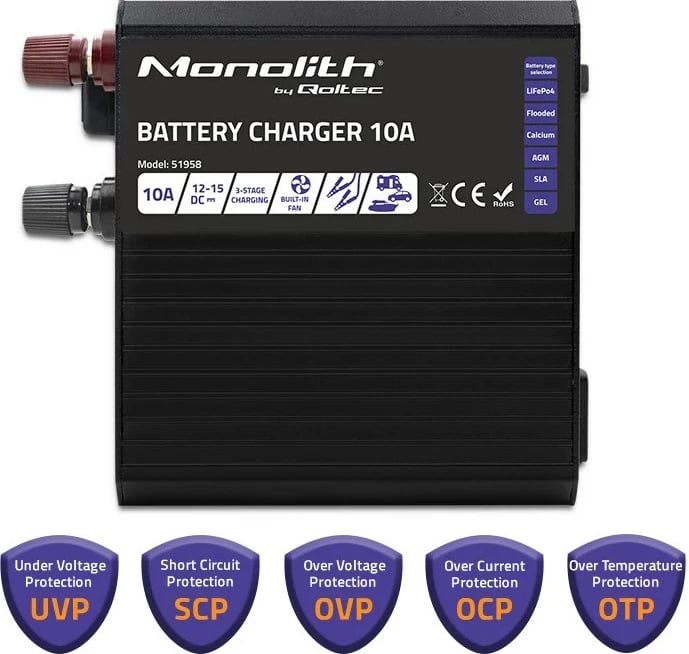 Karikues baterie Qoltec 51958 Smart Monolith për LiFePO4 AGM GEL SLA, 10A, 12V Karikues baterie Qoltec 51958 Smart Monolith për LiFePO4 AGM GEL SLA, 10A, 12V