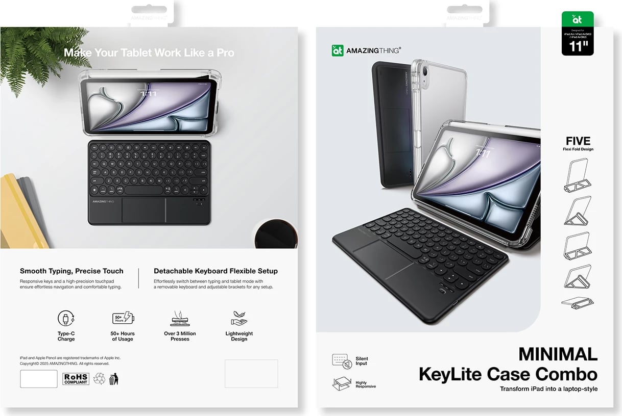Mbështjellës me tastierë Bluetooth, AmazingThing, Minimal Case KeyLite Combo, për iPad Air 13" M3 (2025), touchpad, kënde të rregullueshme, e zezë