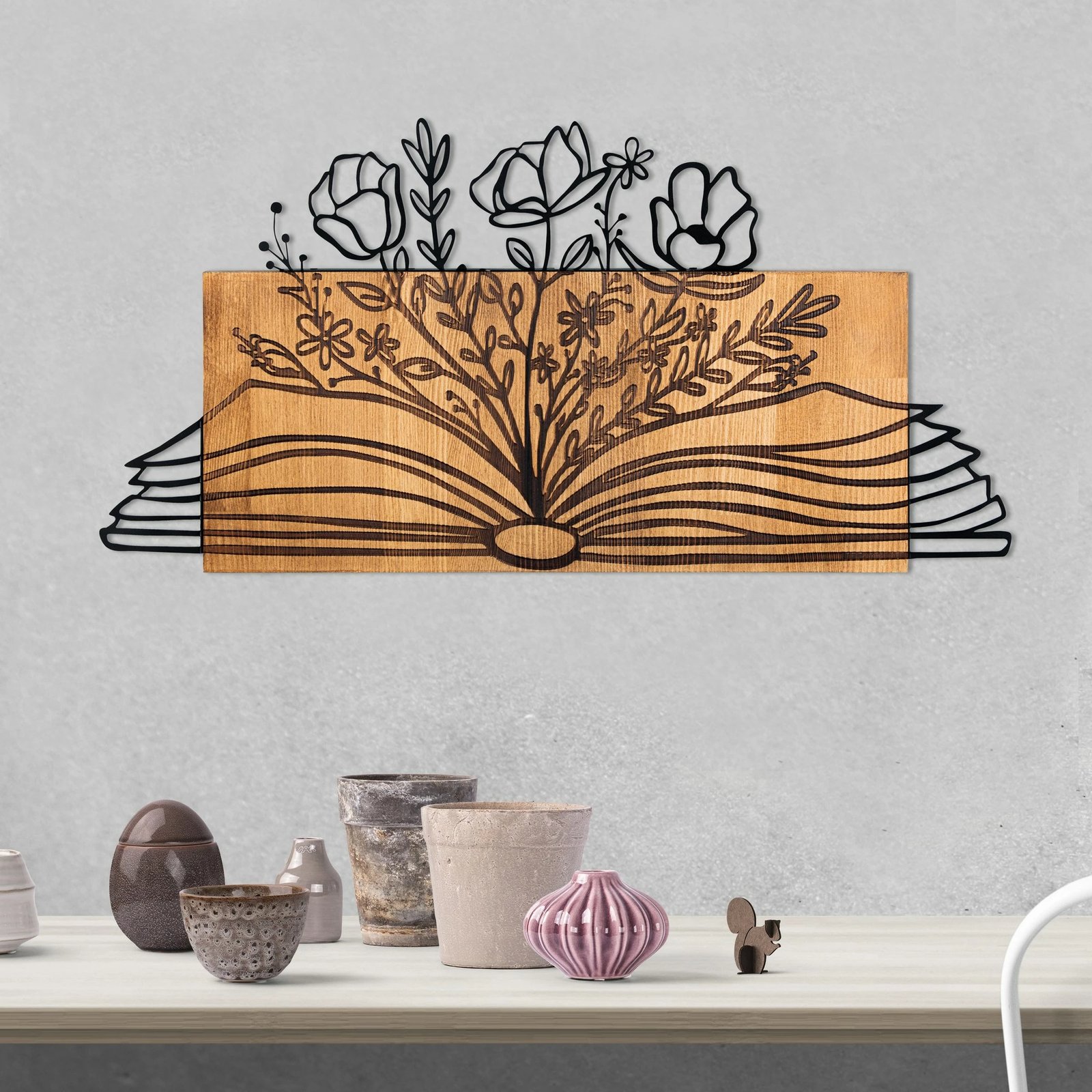 Aksesor dekorativ muri prej druri dhe metali, ngjyrë e zezë dhe arre, 74x37cm