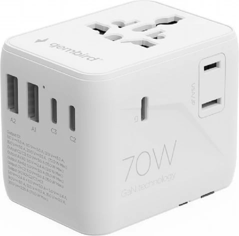 Adapter universal udhëtimi, Gembird, TPA-2A3C70-01-W, 70 W GaN, USB-C PD + USB-A QC, prizë AC universale, e bardhë