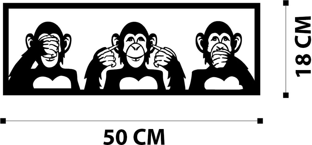 Aksesor dekorativ metalik për mur, Wallity, Tre majmunët-S, ngjyrë e zezë, 50x18cm