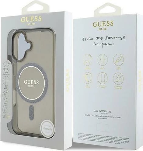 Mbështjellës Guess IML Glitter Circle MagSafe për iPhone 16, i zi Mbështjellës Guess IML Glitter Circle MagSafe për iPhone 16, i zi