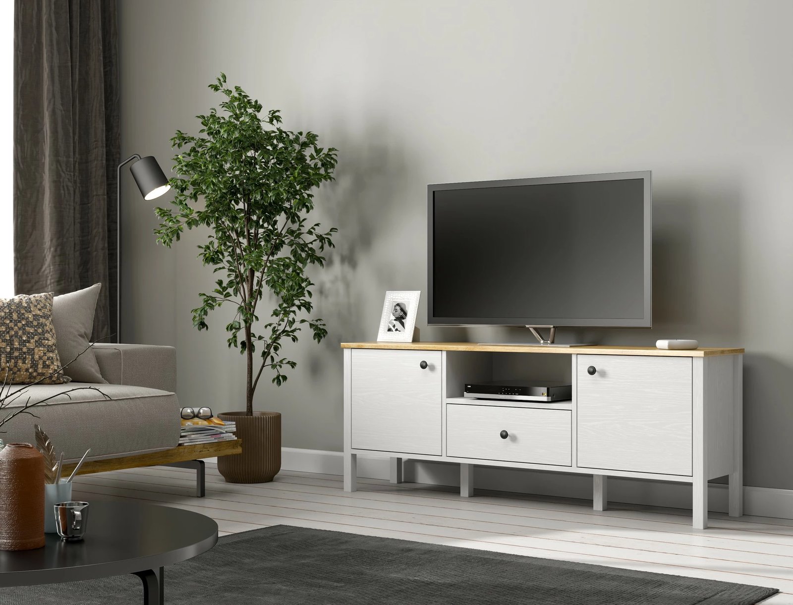 Komodë për TV, ngjyrë druri dhe e bardhë, FRN-20057