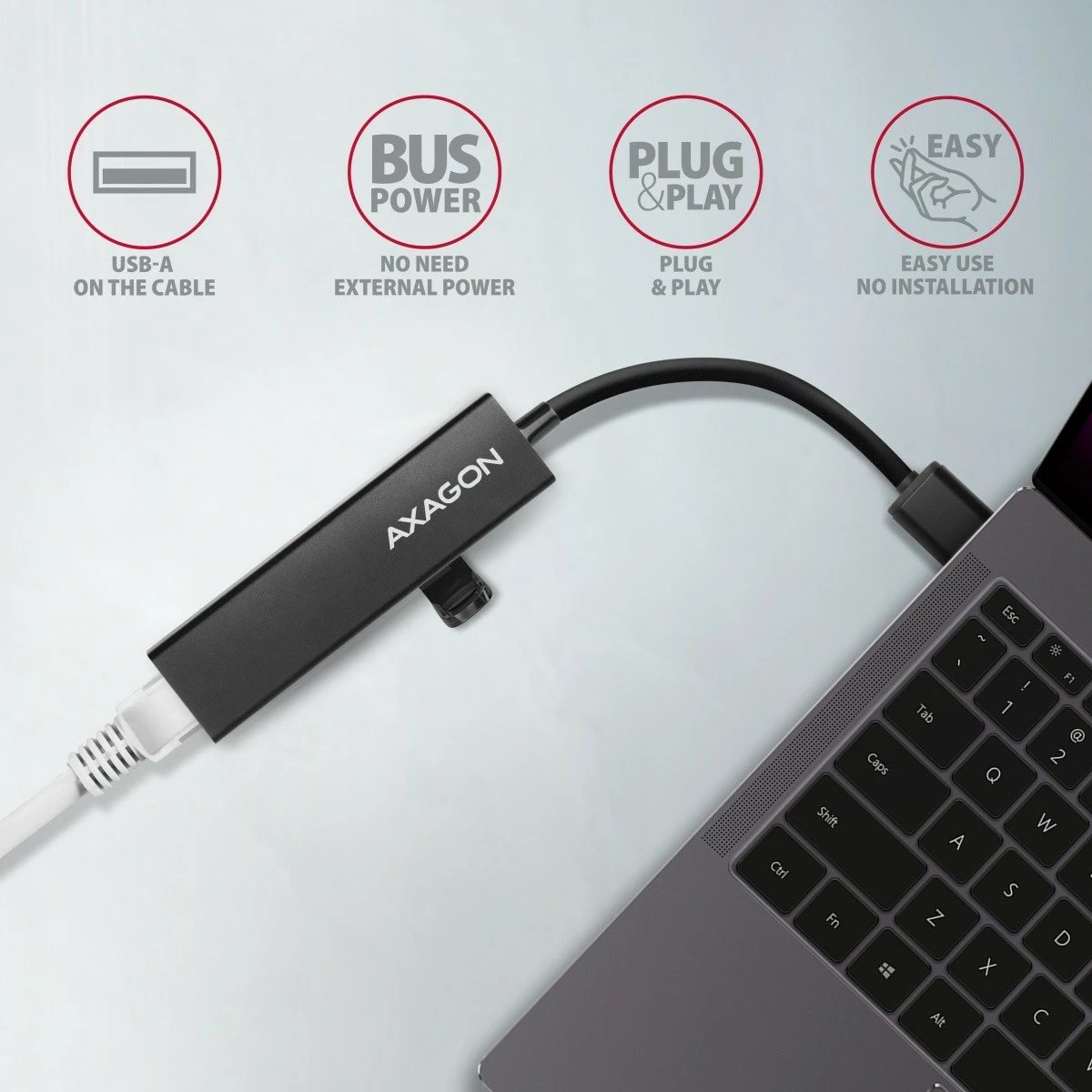 Kasë AXAGON HMA-GL3A multiport USB hub 4n1, 5Gbps, 3x USB-A + GLAN, metal, kabllo USB-A 20cm, e zezë