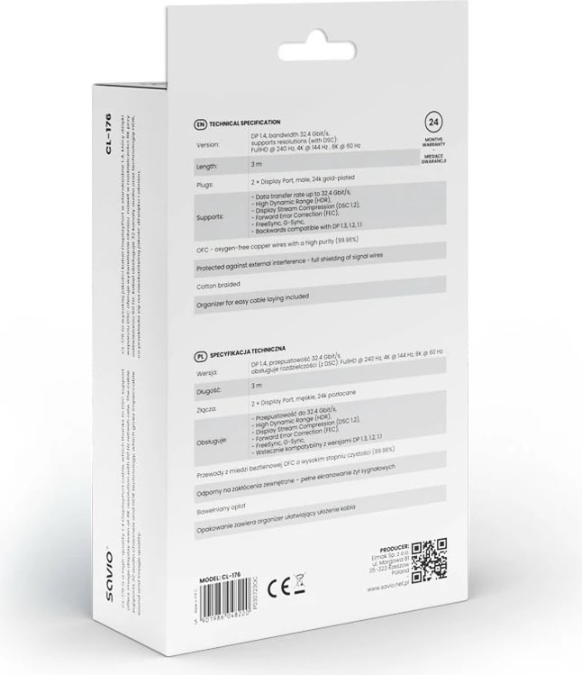 Kabllo DisplayPort Savio CL-176, 1.4, 3 m, E zezë