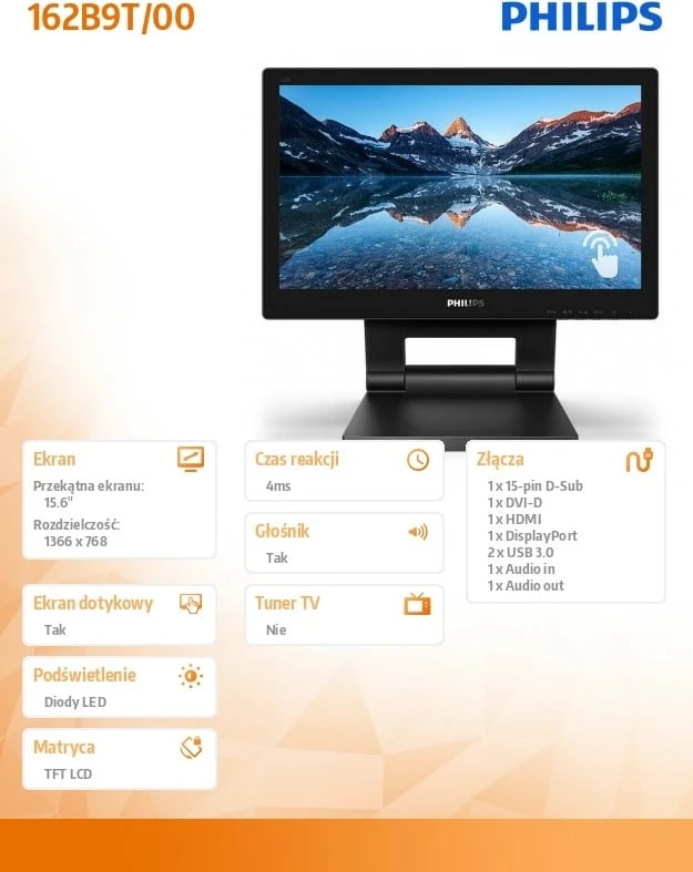 Monitor Philips 162B9T/00, 15.6", LED, Touchscreen, HDMI, DP, DVI, i zi