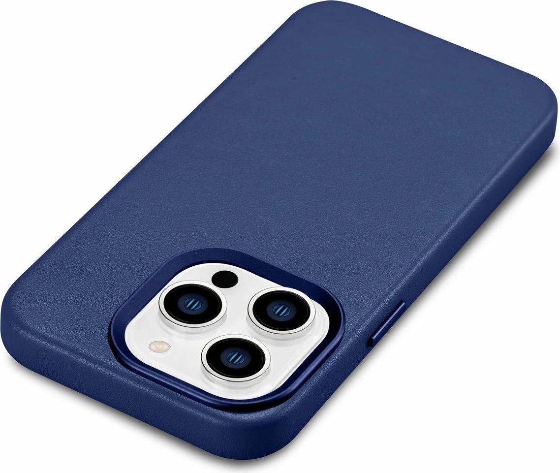 Mbështjellës iCarer për iPhone 14 Pro Max, lëkurë natyrale, MagSafe, kaltër