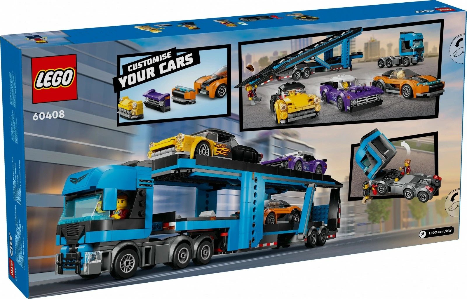 Set lodrash LEGO City 60408, kamion transportues me platformë dhe 3 makina sportive, 998 pjesë
