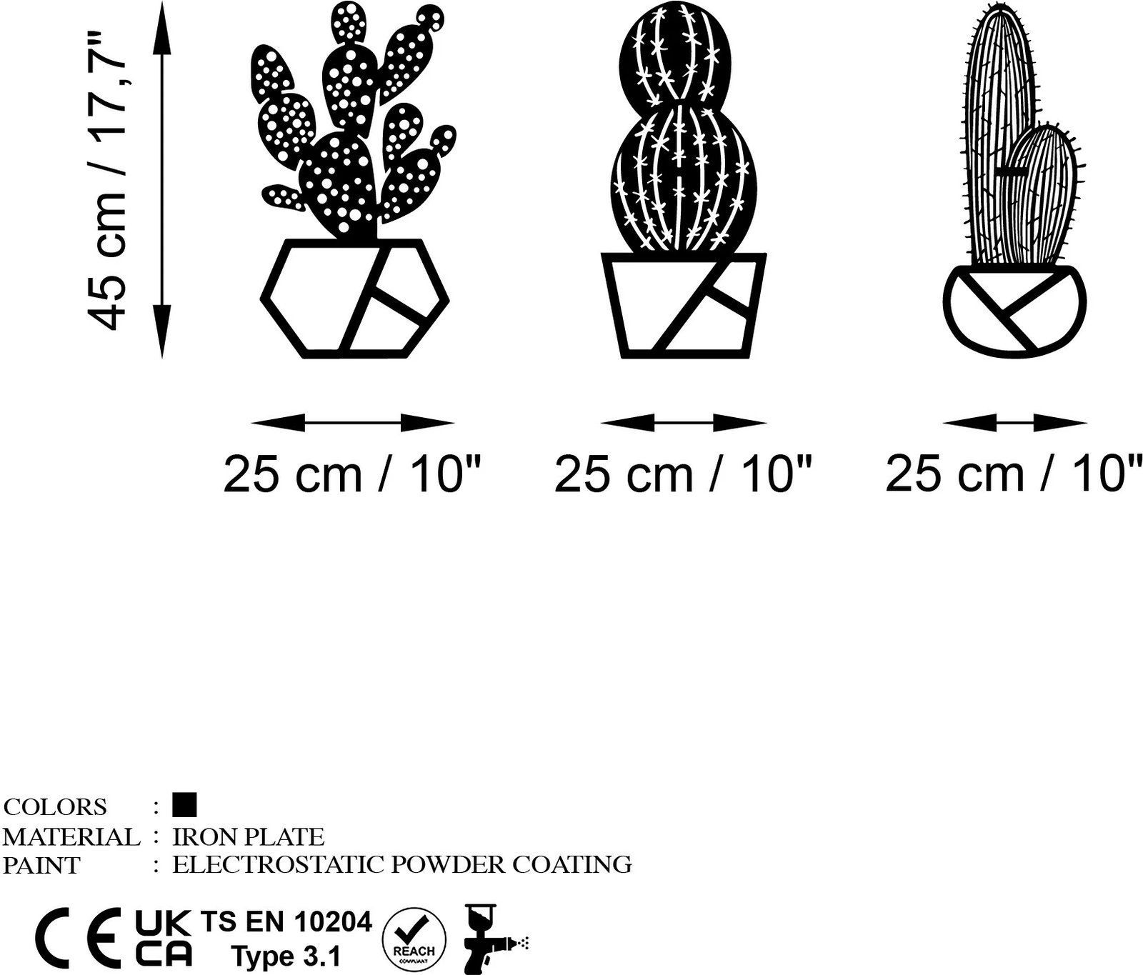 Aksesor dekorativ metalik për mur, Wallity, Cactus-1, set prej 3 copash