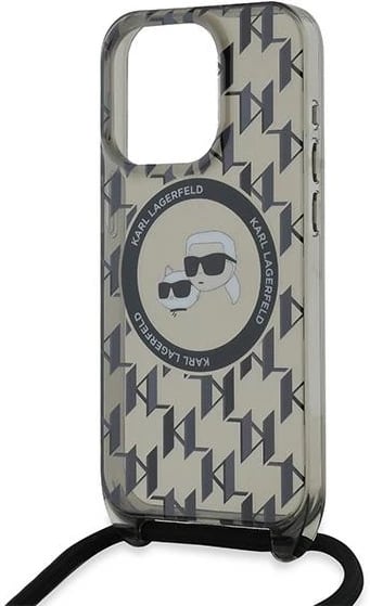Mbështjellës Karl Lagerfeld IML Crossbody Monogram Karl & Choupette Head MagSafe për iPhone 15 Pro, Zi
