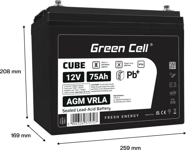 Bateri AGM VRLA Green Cell AGM12V75AH-J 12V 75Ah IP54 e zezë