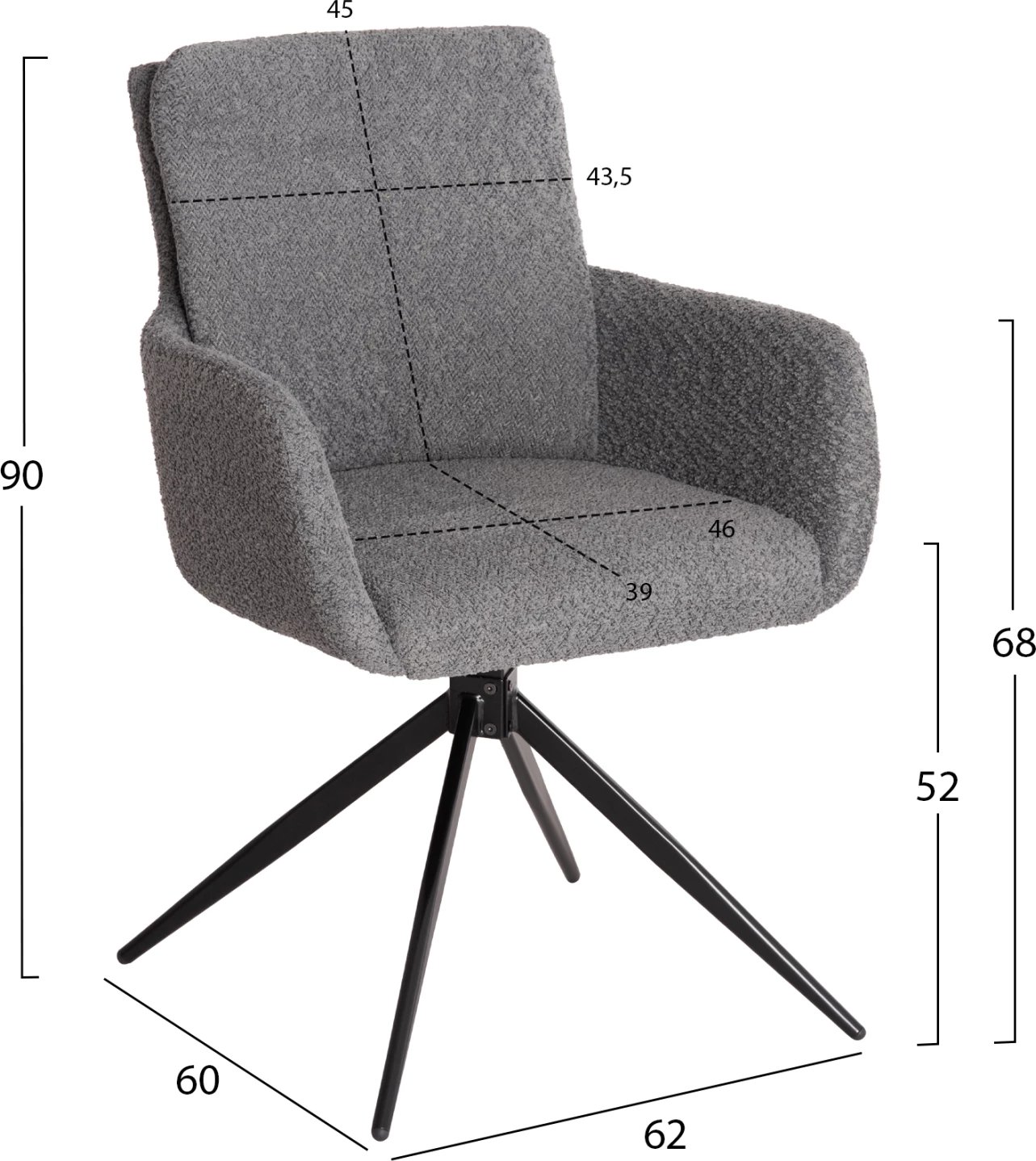 Karrige për ngrënie me rrotullim, pëlhurë boucle gri, këmbë metali, 62x60x90cm