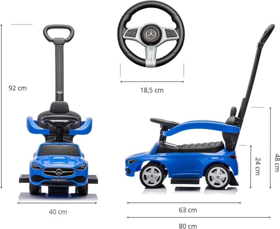 makinë ride-on me dorezë udhëzuese, Milly Mally Mercedes C-Class Deluxe, sedilje eko-lëkurë, goma gome, tinguj timoni, ngarkesë 25 kg, 12–36 muaj, blu