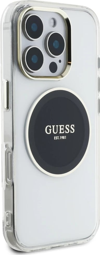 Mbështjellës Guess IML Metal Colored Circle Classic Logo MagSafe për iPhone 16 Pro, zi