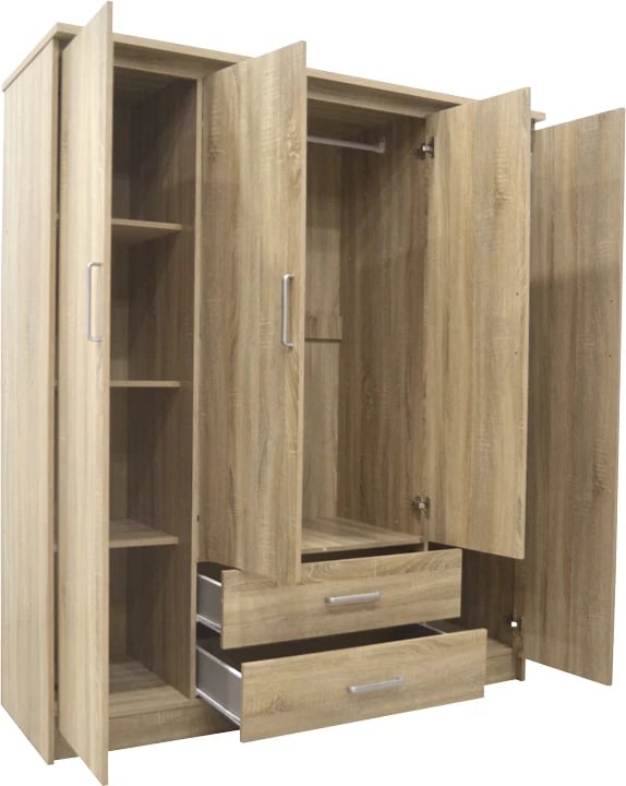 Dollap Olympus me 4 dyer dhe sirtarë, ngjyrë lisi e çelët, 159x57x183cm