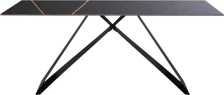 Tavolinë me sipërfaqe prej guri të sinterizuar, këmbë metalike, ngjyrë e zezë, 180x90x76cm