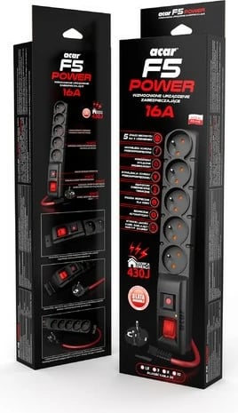 Prizë shumëfishe Acar F5 Power, 5 dalje, 10m, 16A, e zezë