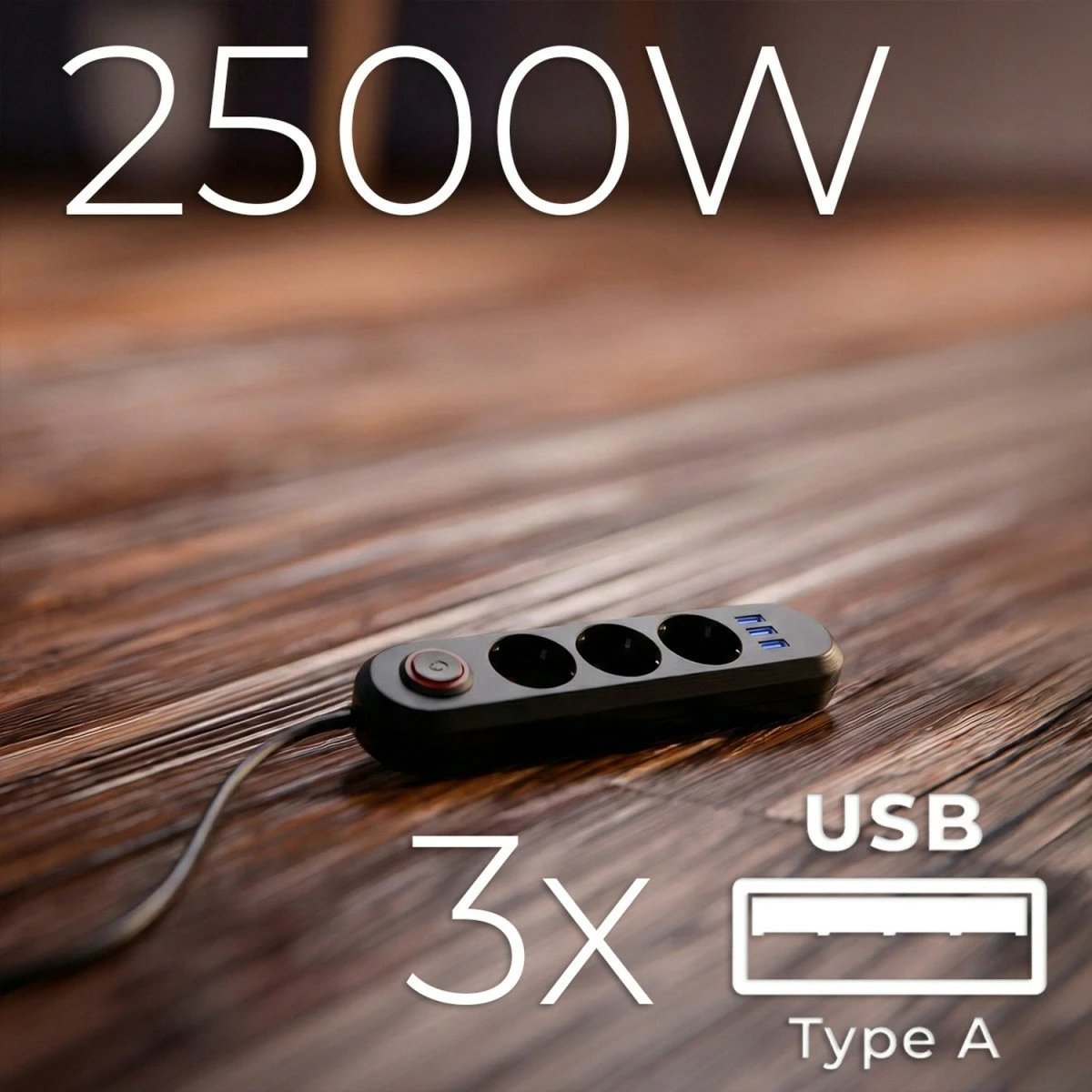 Zgjatues elektrik, Maclean MCE394 B, 3x Schuko + 3x USB, kabllo 1.5 m, 2500W 2.1A, 110-240V, i zi