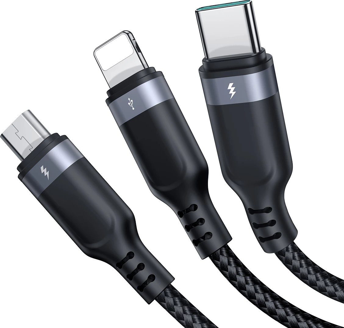 Kabllo 3-në-1 Joyroom Multi-Use Series S-A18, 0.3m, USB-A në Lightning/USB-C/micro USB, e zezë