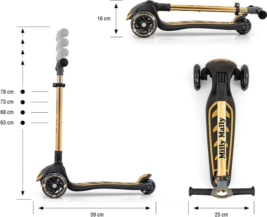 Trotinetë, Milly Mally, Boogie, 3 rrota, lartësi e rregullueshme, rrota me drita LED, deri 50 kg, e artë
