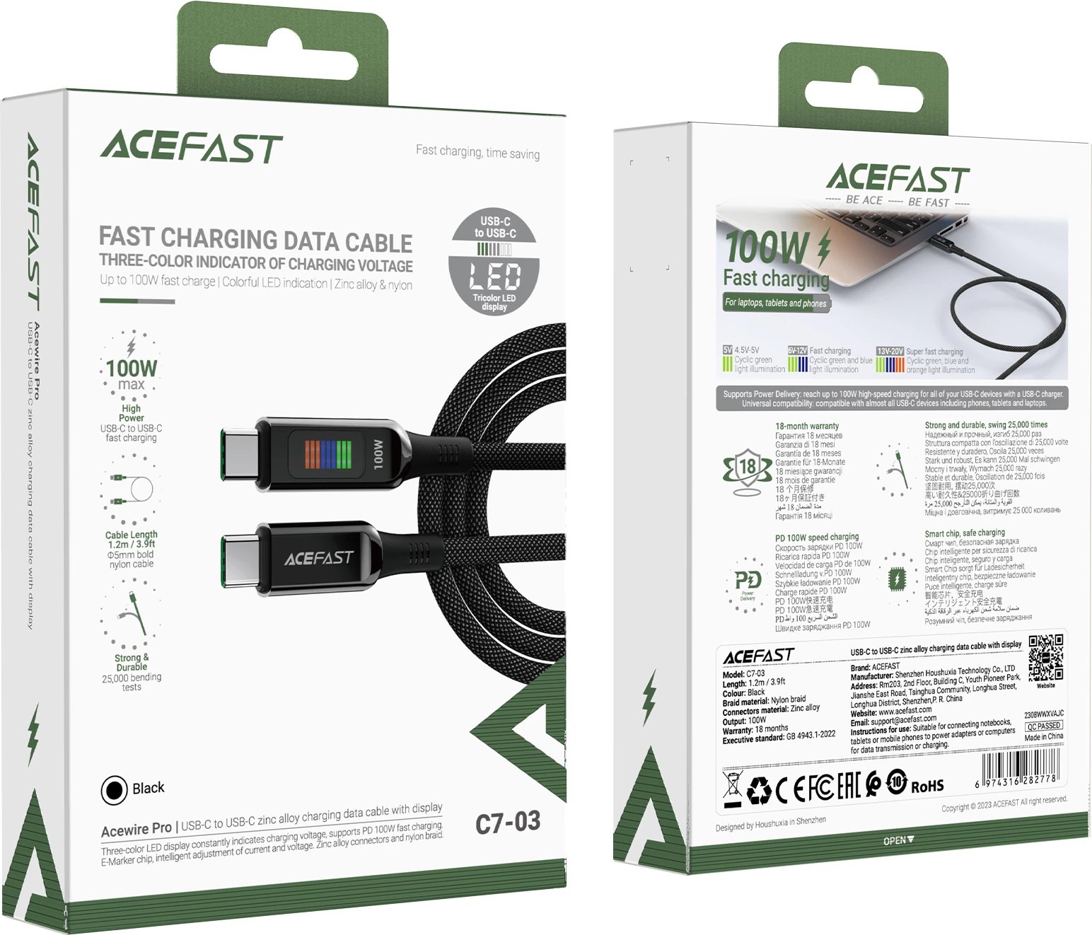 Kabllo Acefast C7-03 USB-C në USB-C, 1.2m, 100W, me ekran, e zezë