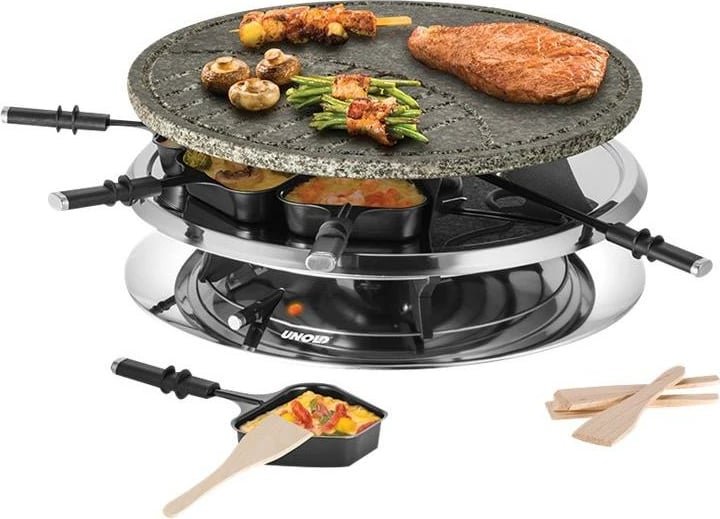 Grill raclette/fondue UNOLD Raclette Multi 4-in-1 48726, 8 persona, pllakë guri + pllakë grill, tenxhere fondue 500–700 ml, e zezë