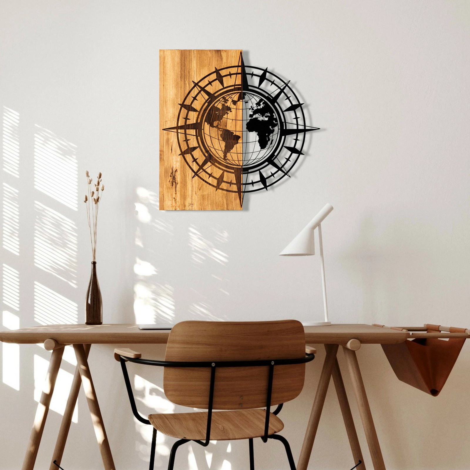 Aksesor dekorativ prej druri për mur, Wallity Esila, ngjyrë e zezë dhe arre, 57x58cm