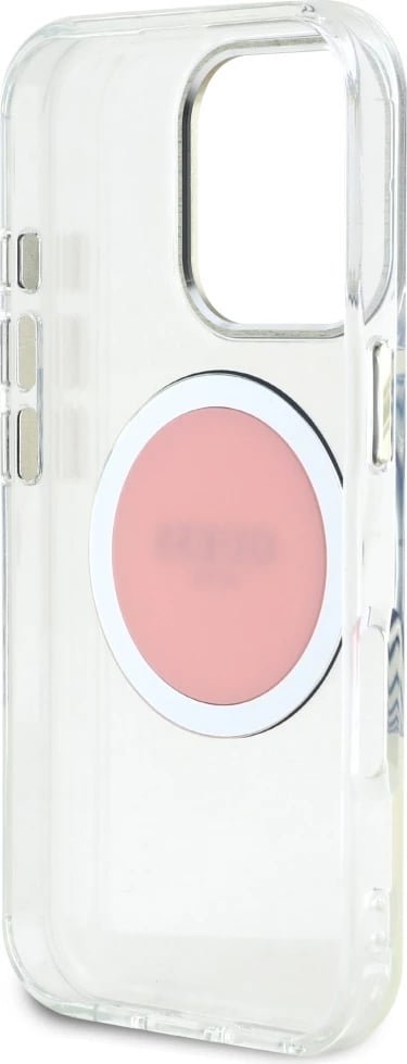 Mbështjellës Guess IML Metal Colored Circle Classic Logo MagSafe për iPhone 16 Pro, Rozë