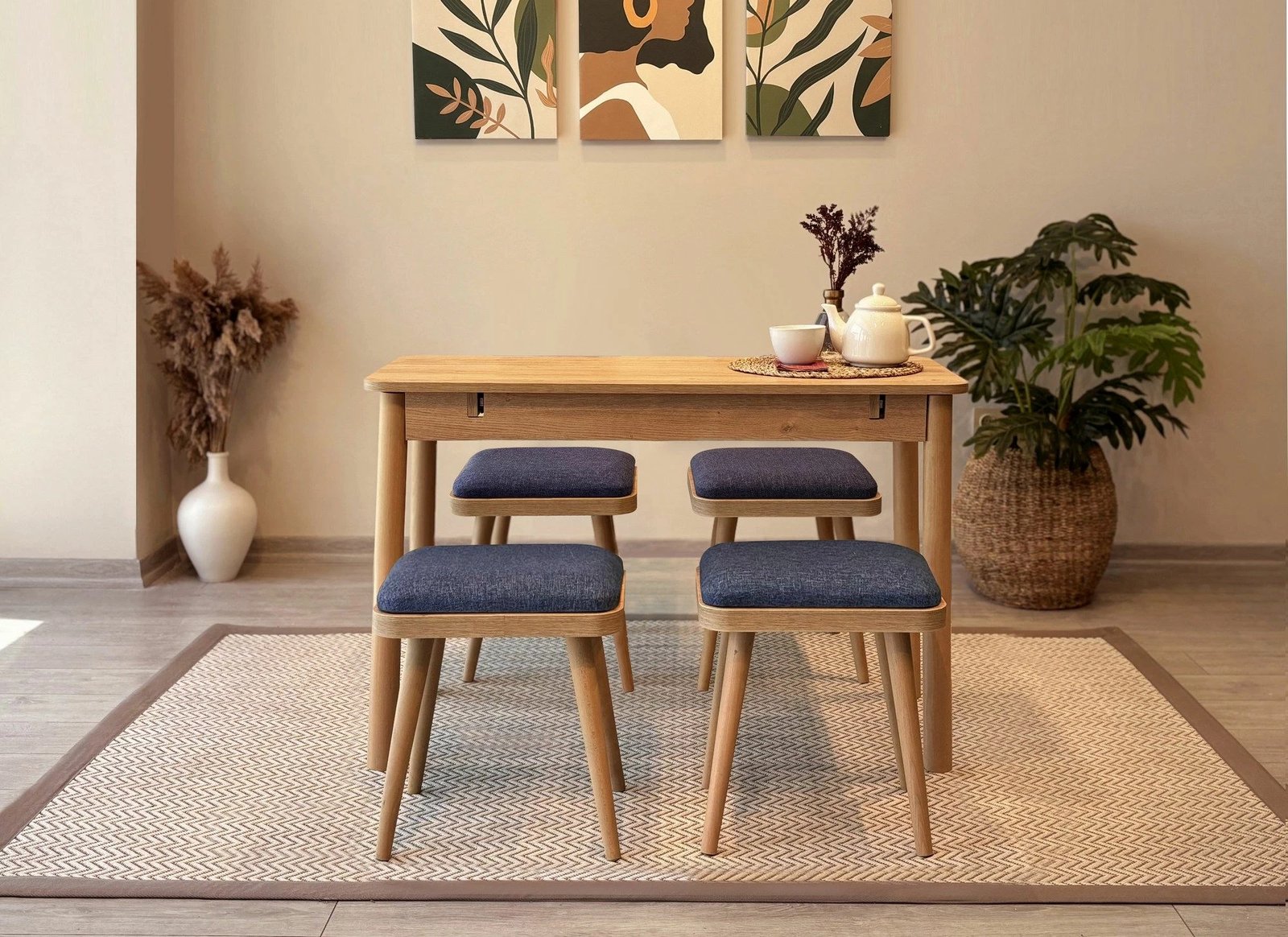 Set tavoline me karrige, zgjatshme, 5 pjesë, Skye Decor, Vina Mini 05 1048, ngjyrë lis, blu e errët